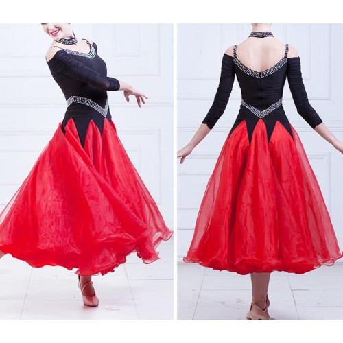 Black and reds stones competition ballroom dresses women's female stage performance flamenco dancing dresses outfits